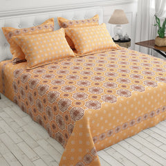 Xara Mustard Yellow Floral Bed Sheet Set with Striped Border