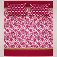 Xara Maroon Geometric Grid Bed Sheet Set with Striped Border