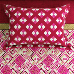 Xara Maroon Geometric Grid Bed Sheet Set with Striped Border