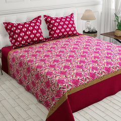 Xara Maroon Geometric Grid Bed Sheet Set with Striped Border