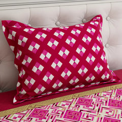 Xara Maroon Geometric Grid Bed Sheet Set with Striped Border