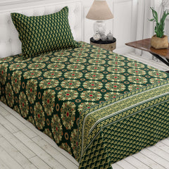 Xara Green Floral Stripe Border Bed Sheet Set