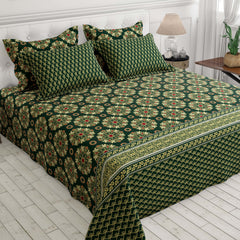 Xara Green Floral Stripe Border Bed Sheet Set