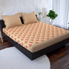 Xara Beige Floral Stripes Fitted Bed Sheet Set