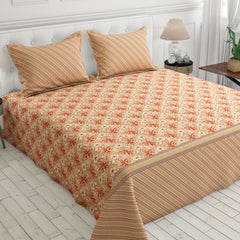 Xara Beige Cream Floral Stripes Bed Sheet Set