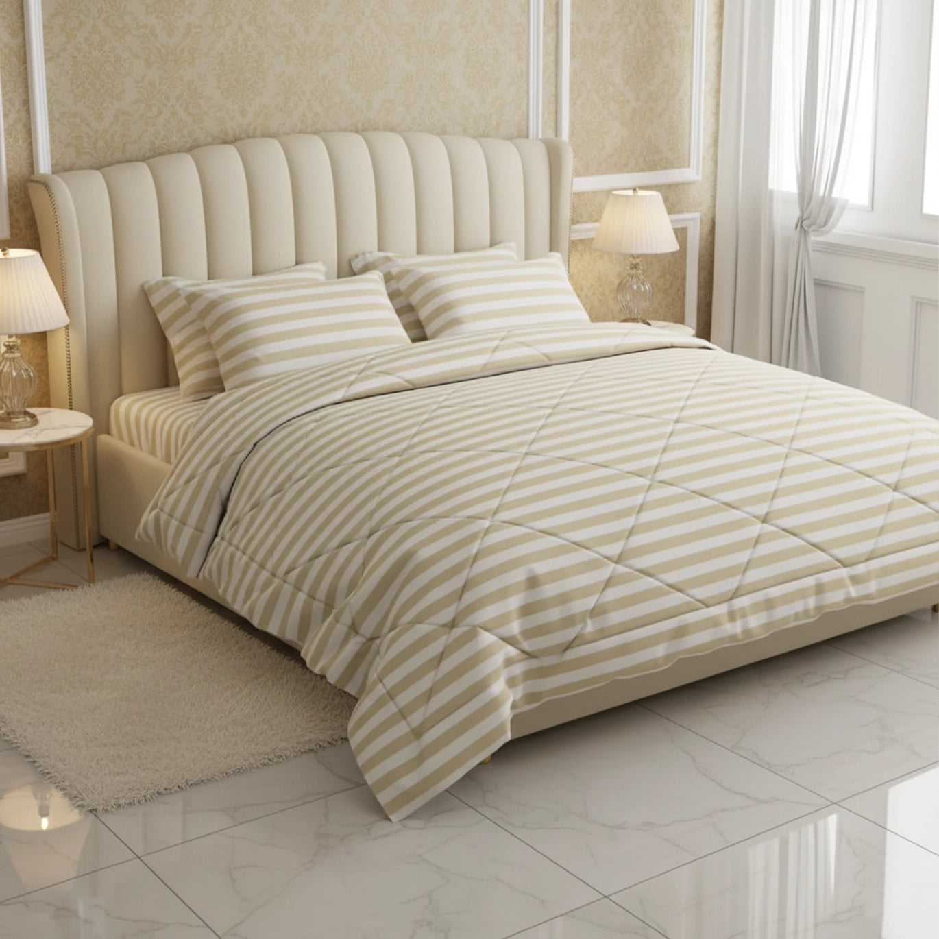 CLASSIC BEIGE STRIPE SATEEN 6-Pcs COMFORTER SET