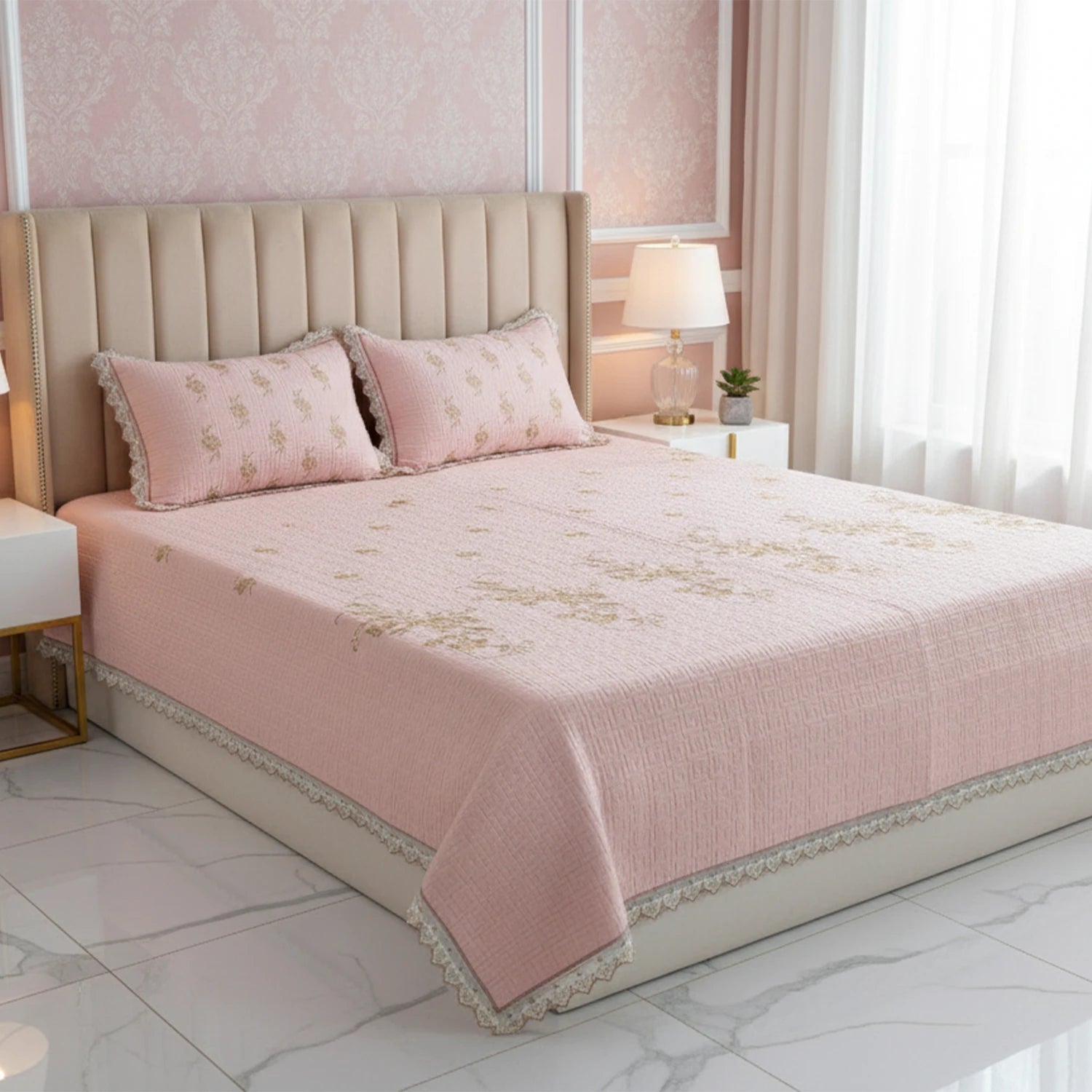 Fancy Embroidered Bed Sheet Set (Pink)