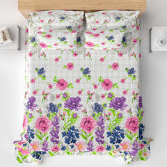 Milky White Floral Sateen Bed Sheet Set - 5789