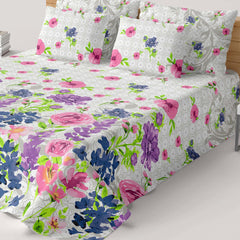Milky White Floral Sateen Bed Sheet Set - 5789