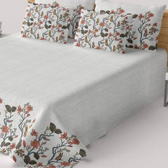 Off white Dot Floral Print Sateen Bed Sheet Set