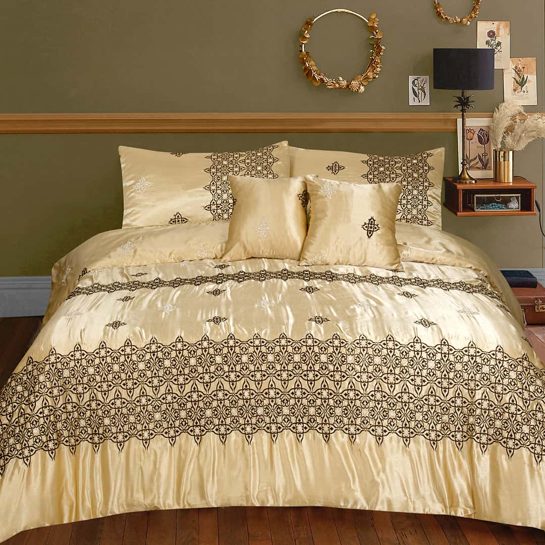 RHS Gold Floral Embroidered Quilt Cover Set with Geometric Shapes