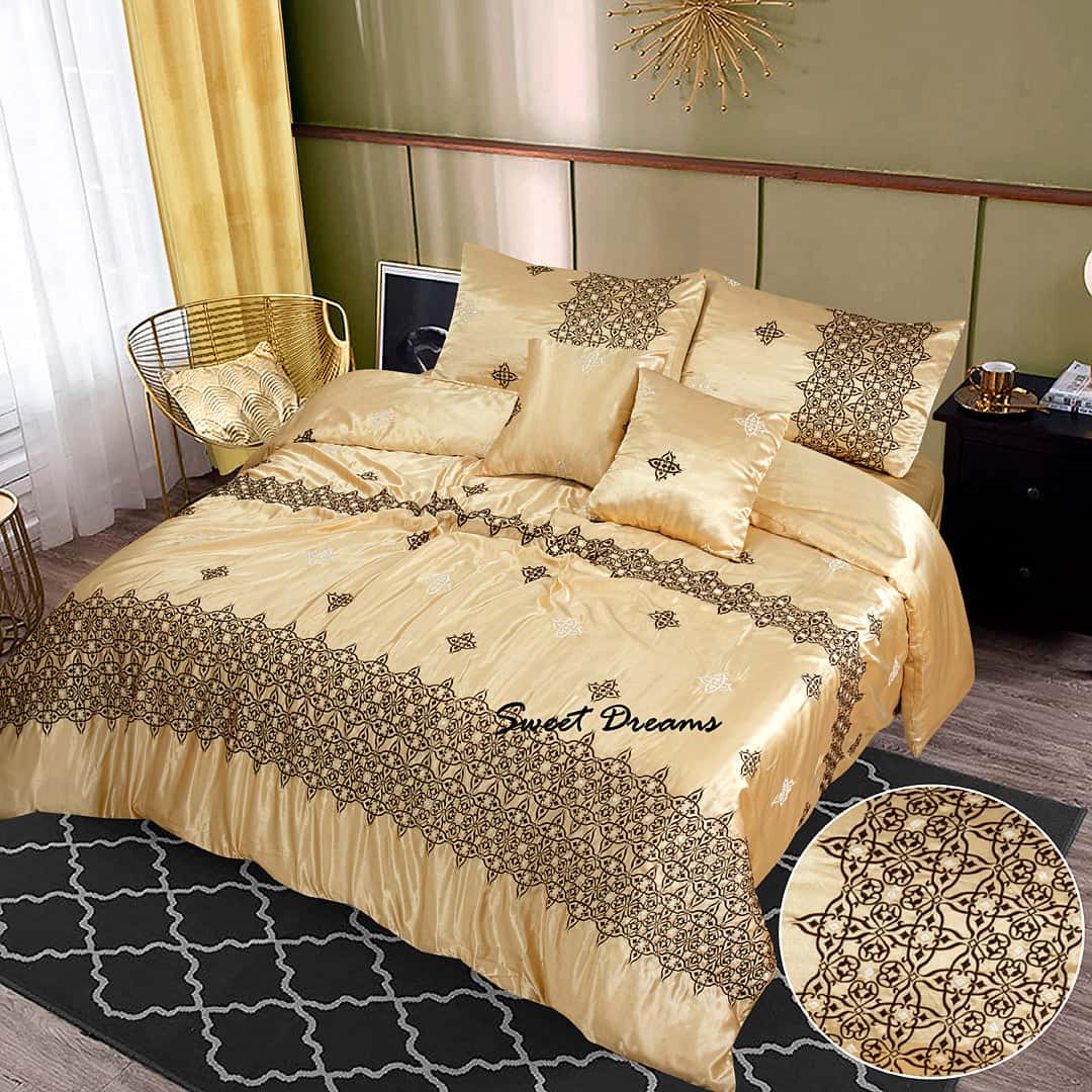 RHS Gold Floral Embroidered Quilt Cover Set with Geometric Shapes