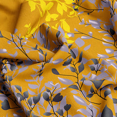 Sateen Yellow Leaf Design Bed Sheet Set - 6999