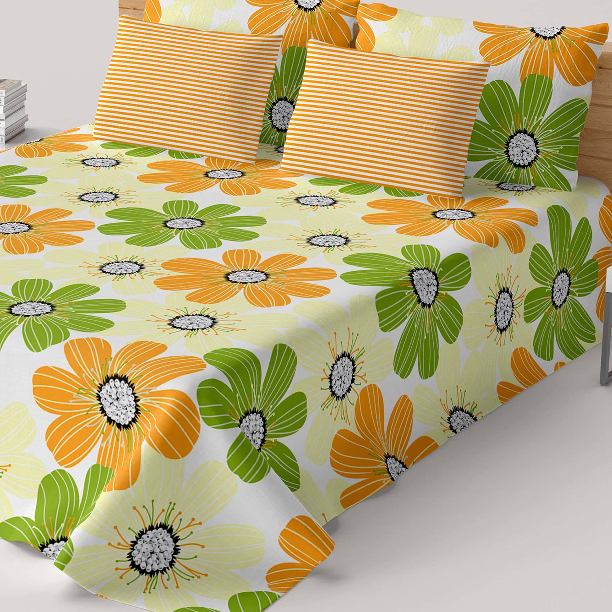 Sateen Bed Sheet Set Floral Yellow Green Orange - 4035