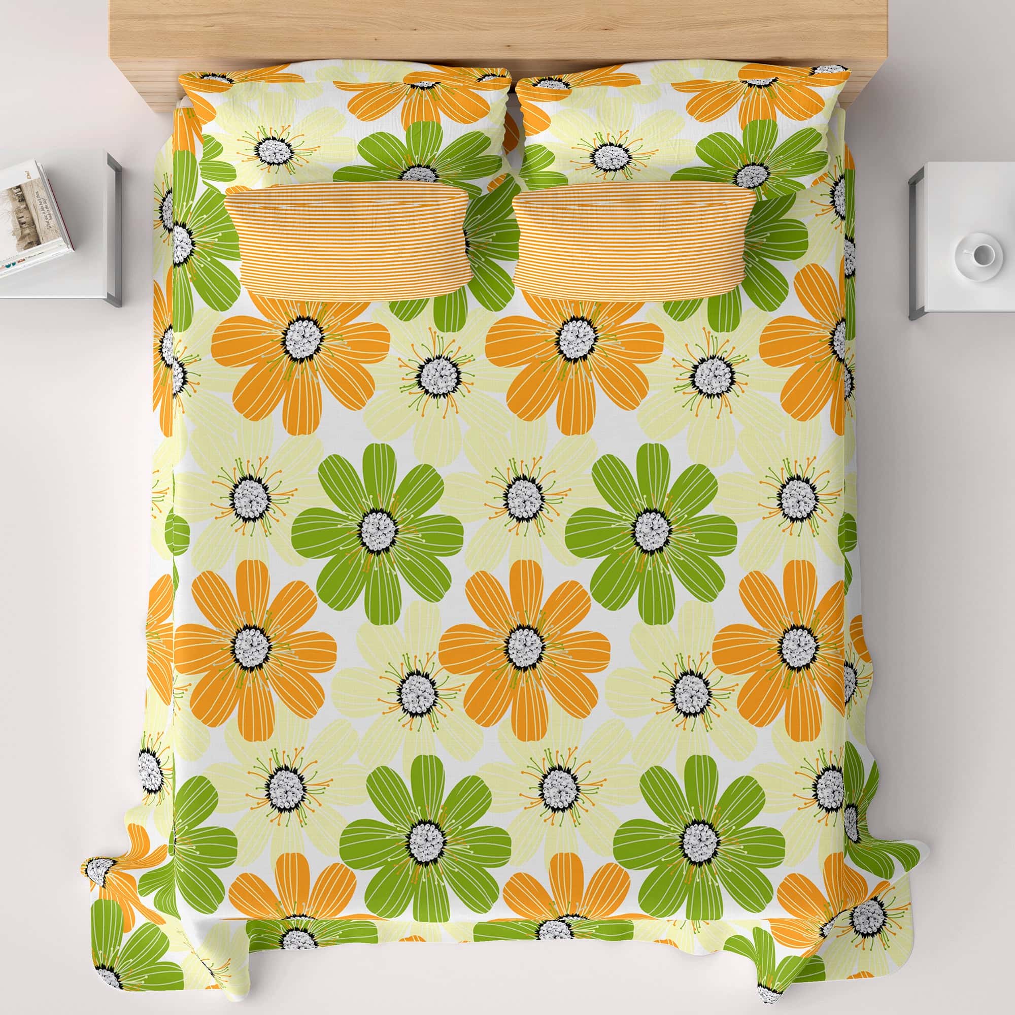 Sateen Bed Sheet Set Floral Yellow Green Orange - 4035