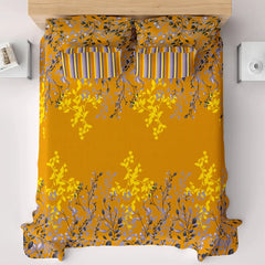 Sateen Yellow Leaf Design Bed Sheet Set - 6999