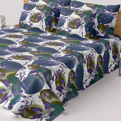 White Abstract Shapes Floral Sateen Bed Sheet Set - Sateen