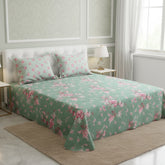 Xara Green Floral Bed Sheet Set with Striped Border