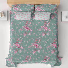 Xara Green Floral Bed Sheet Set with Striped Border