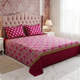 Xara Maroon Geometric Grid Bed Sheet Set with Striped Border