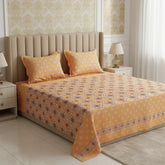 Xara Mustard Yellow Floral Bed Sheet Set with Striped Border