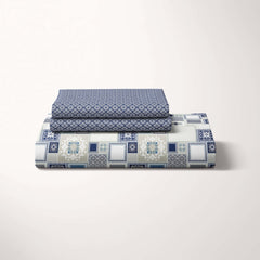 Xara Sky Blue Geometric Rhombus Floral Bed Sheet Set - 5708-5712