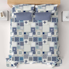 Xara Sky Blue Geometric Rhombus Floral Bed Sheet Set - 5708-5712