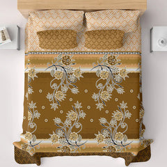 Xara Brown Golden Floral Bed Sheet Set with Geometric Border and Zigzag Pillows