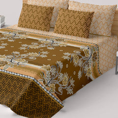 Xara Brown Golden Floral Bed Sheet Set with Geometric Border and Zigzag Pillows