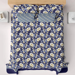 Xara Dark Blue Floral Stripe Border Bed Sheet Set