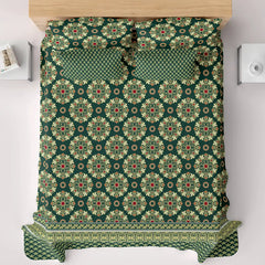 Xara Green Floral Stripe Border Bed Sheet Set