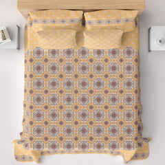Xara Mustard Yellow Floral Bed Sheet Set with Striped Border