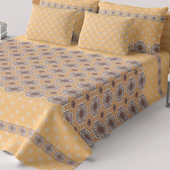 Xara Mustard Yellow Floral Bed Sheet Set with Striped Border
