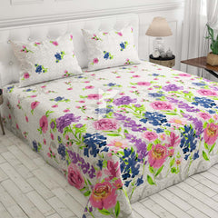 Milky White Floral Sateen Bed Sheet Set - 5789