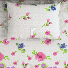 Milky White Floral Sateen Bed Sheet Set - 5789