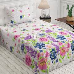 Milky White Floral Sateen Bed Sheet Set - 5789
