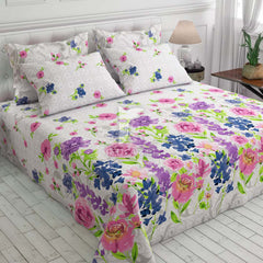 Milky White Floral Sateen Bed Sheet Set - 5789