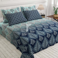 Blue Leaf Sateen Bed Sheet Set - 6935-6936