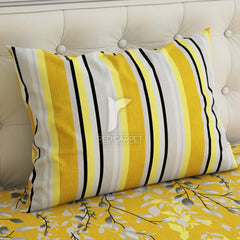 Sateen Yellow Leaf Design Bed Sheet Set - 6999