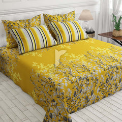 Sateen Yellow Leaf Design Bed Sheet Set - 6999