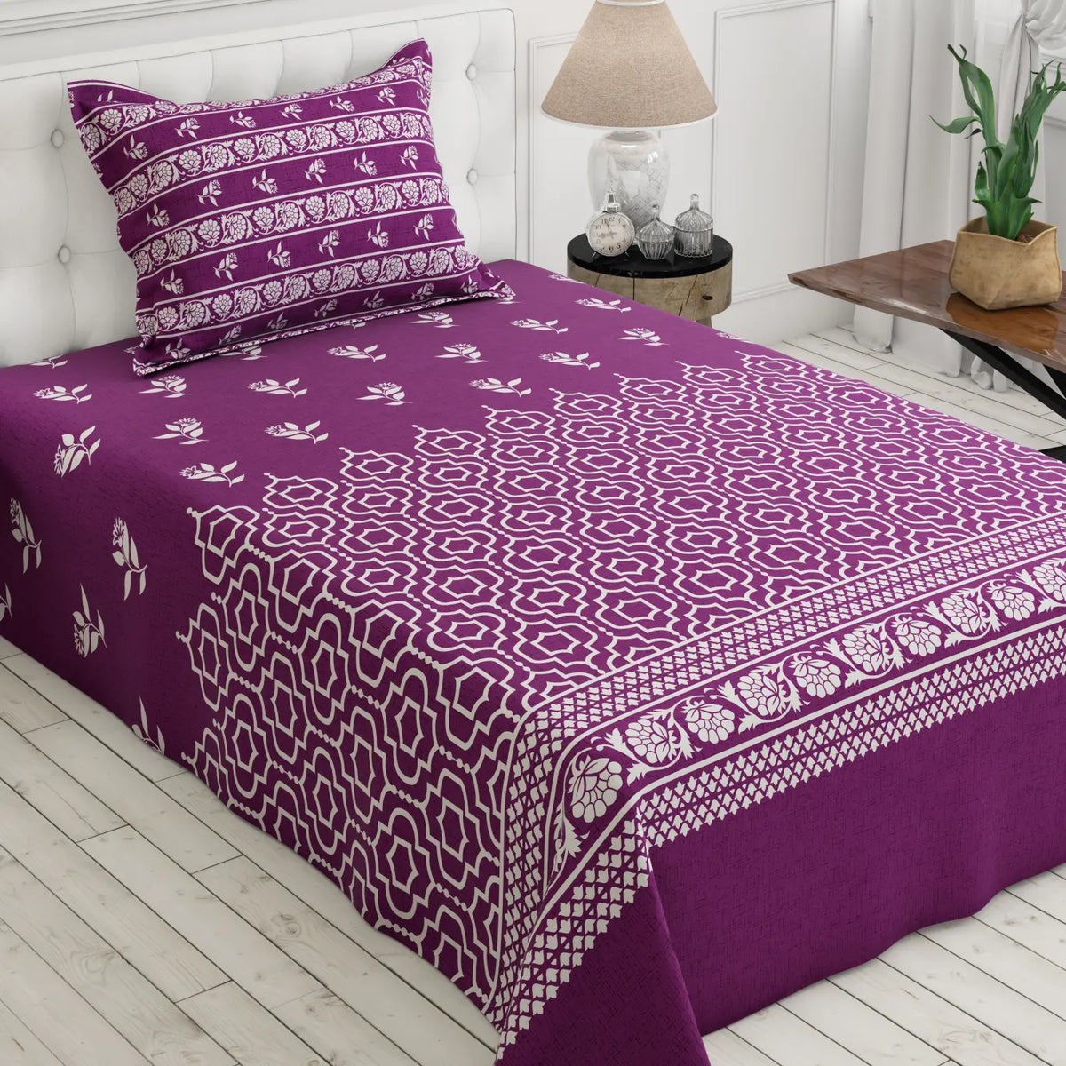 Plum Lattice & Floral Border Xara Bed Sheet Set