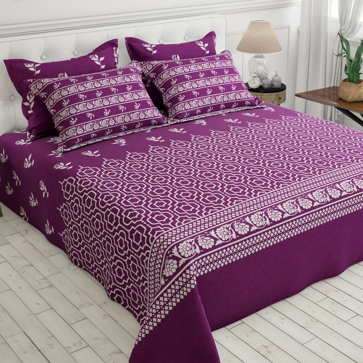 Plum Lattice & Floral Border Xara Bed Sheet Set