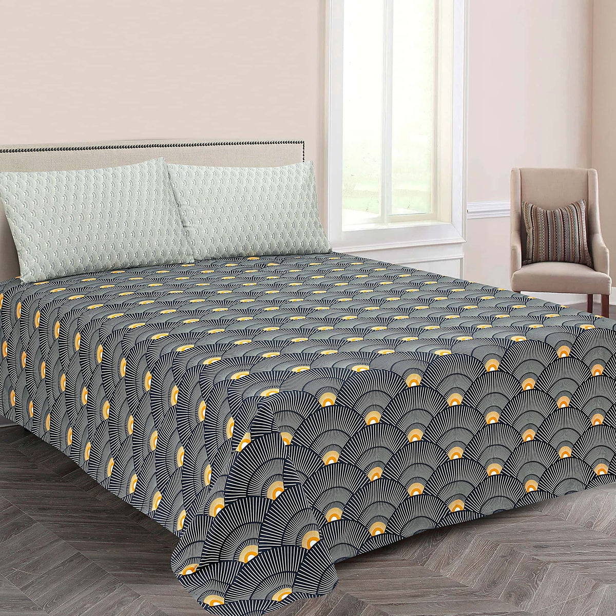 Art Deco Fan Print Cotton Satin bedsheet