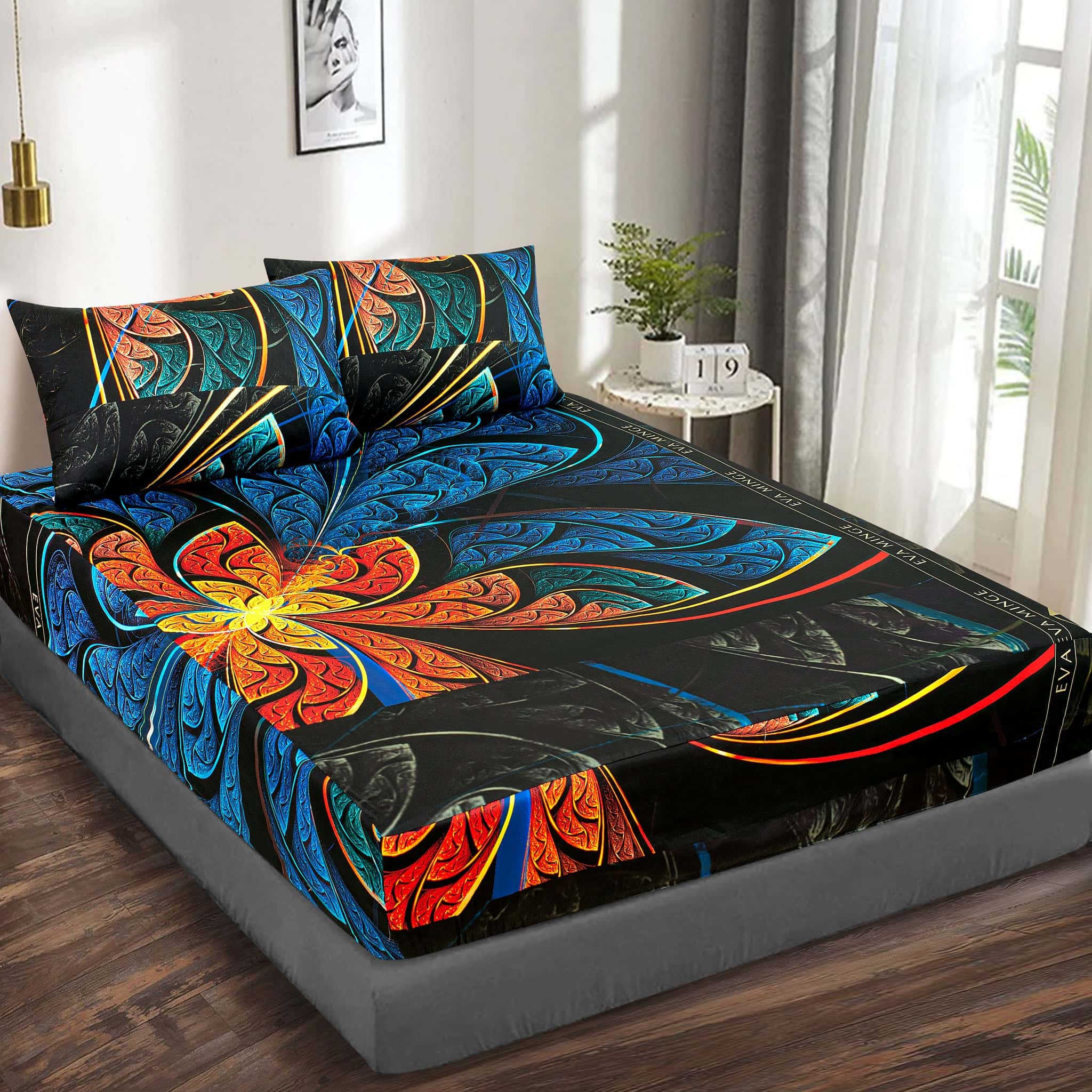 Fire Bloom Fractal Cotton Satin Bed Sheet