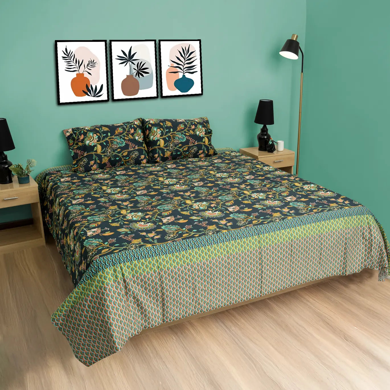 Luxury Cotton Satin bedsheet (Printed Green)