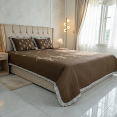 Chocolate Brown Embroidered Quilted Cotton Bed Sheet Set