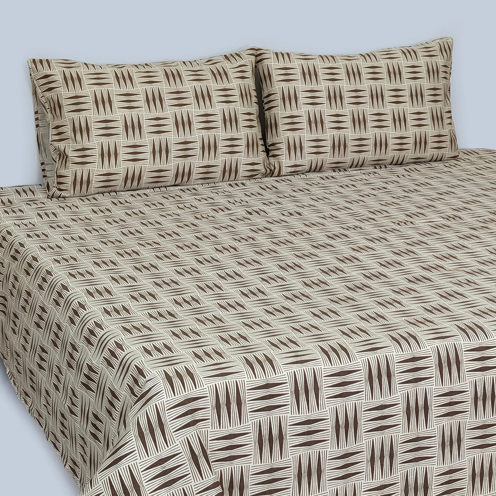 RHS Cotton Percale Bedsheet Set - Cream/Brown Cubic