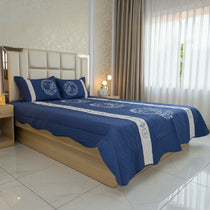 Navy Blue Embroidered Quilted Cotton Bed Sheet Set