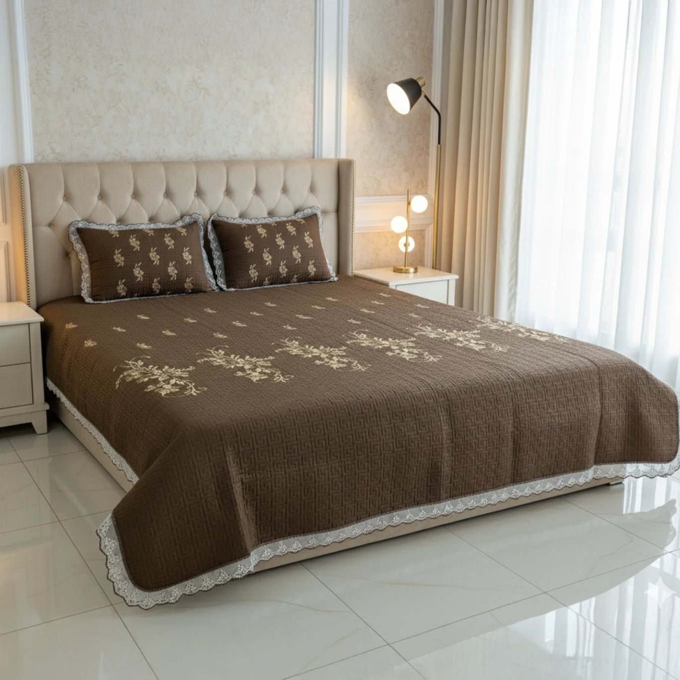 Fancy Embroidered Bed Sheet Set (Brown)