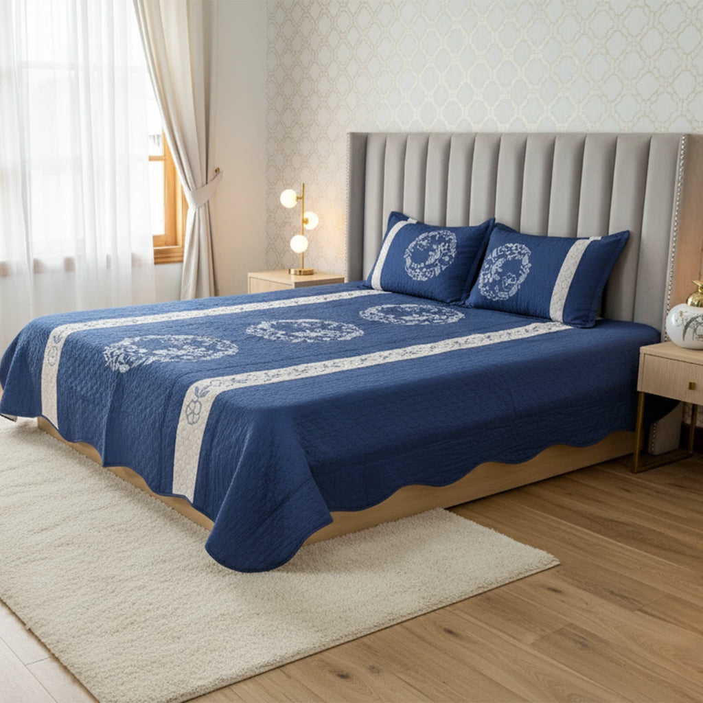 Navy Blue Embroidered Quilted Cotton Bed Sheet Set